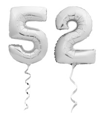 Silver number fifty two 52 made of inflatable balloon with ribbon on white