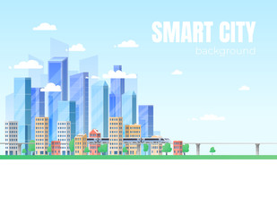 Naklejka premium Urban landscape with large modern buildings and suburb with private houses on a background mountains and hills. Street, highway with cars. Concept city and suburban life.