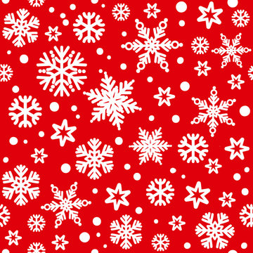 Christmas seamless pattern with white snowflakes falling on red bakground. Vector illustration.