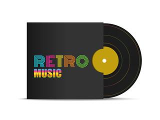 Realistic 3d black vinyl record mockup in black cover with colorful font - Retro  music. Design disk template. Front view with shadow