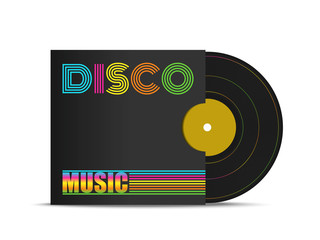 Realistic 3d black vinyl record mockup in black cover with colorful font - Disco music. Retro design disk template. Front view with shadow
