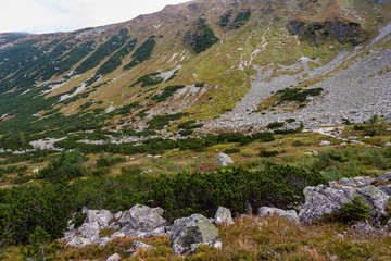 hiking trails in Slovakia Tatra mountains near mountain lake of Rohache