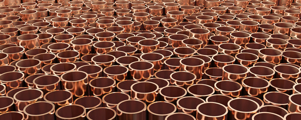 Copper metal, warehouse of copper pipes. Rolled metal products. 3d illustration.