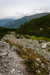 hiking trails in Slovakia Tatra mountains near mountain lake of Rohache