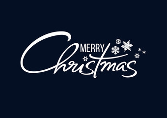 Merry Christmas handwritten lettering. White text with snowflakes isolated on dark blue background. Vector illustration.