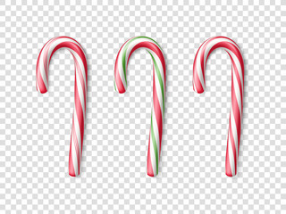 Set of vector colorful 3D realistic candy canes with different pattern. Festive decoration for design of greeting card for Christmas celebration. Isolated on transparent background.