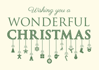 Christmas banner with hanging ornaments and greetings. Vector.