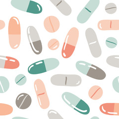 Seamless pattern with pills, capsules, vitamins