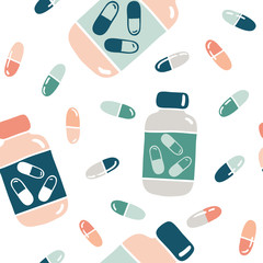 Seamless pattern with pills and bottles in different colors