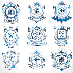 Heraldic vector signs decorated with vintage elements, monarch crowns, religious crosses, armory and animals. Set of classy symbolic graphic insignias.
