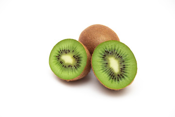 Fototapeta premium Ripe whole kiwi fruit and half kiwi fruit isolated on white background