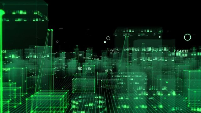 Abstract technological digital city from data in cyberspace, information storage in the information space. looped