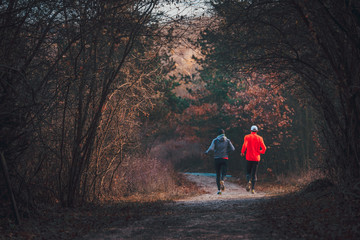 Couple of runners, autumn trail run