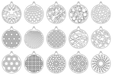Set Modern Christmas ball. New Year's Toy for laser cutting. Vector illustration.