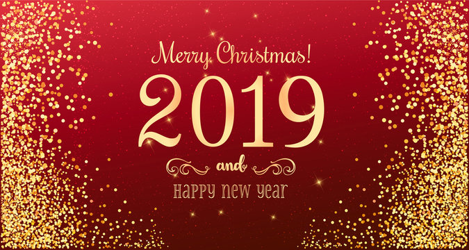 Christmas 2019 and New Year typographical on red background with gold firework. Xmas card. Vector Illustration