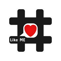 Black Hashtag with white speech bubble and red heart concept illustration. Symbol for sending and like posts and sharing them in social media. Flat vector icon. Modern design for banner, poster slogan