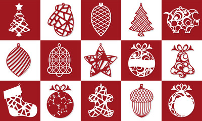 Set of Modern Christmas Tree. New Year's Toy for laser cutting. Vector illustration.