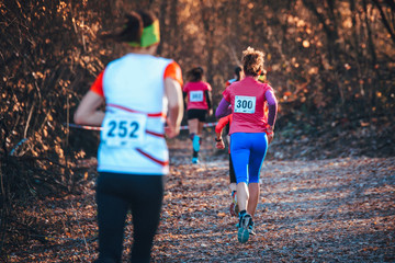 Group of athletes running the country race in the mountain trail