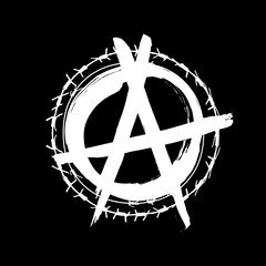 Anarchy hand drawn brush vector symbol. Anarchist revolution grunge style logo. Punk rock protest white letter A icon with barbed wire circle on black background.