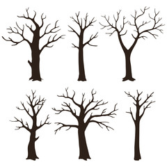 Obraz premium Set of bare tree silhouettes with leafless branches isolated on a white background.