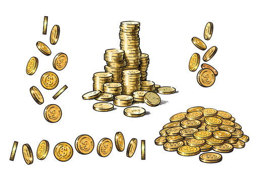 Set Of Gold Coins In Different Positions In Sketch Style. Falling Dollars, Pile Of Cash, Stack Of Money. Vector.