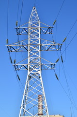 High-voltage power lines. Electricity distribution station.