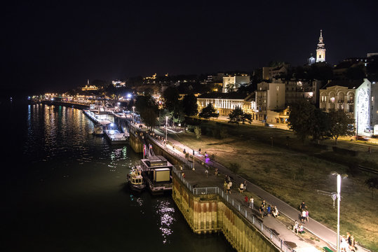 Belgrade Kalemegdan skyline view from Brankov bridge at night
