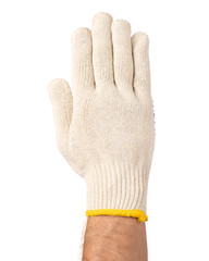 Worker showing gesture - open palm and five fingers. Male hand wearing working cotton glove, isolated on white background.
