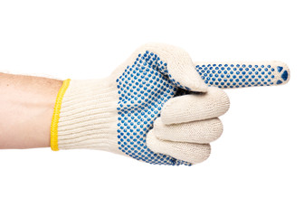 Worker showing gesture - pointing to the right. Male hand wearing working cotton glove with blue rubber dots, isolated on white background.