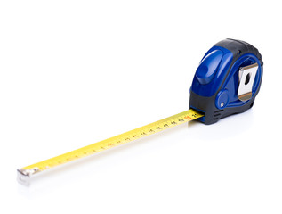 Blue tape measure tool, isolated on white background