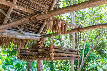 hojas de maiz colgadas en enramada de palma rustico, comida orgánica