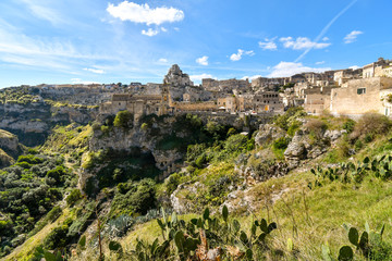 The walls, caves and dwellings alongside the ancient Madonna de Idris rock church and the Sassi of Matera, Italy, in the Basilicata region..
