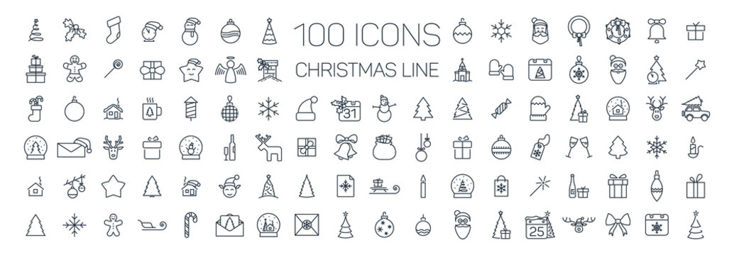 Christmas line web 100 icons set on white background