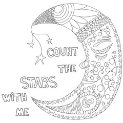 Coloring page with sleeping ethnic moon. Black and white background. Hand drawing vector illustration