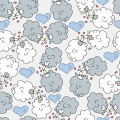 Sheep in love. Cute hand drawing seamless pattern in blue grey colors. Cloth design, wallpaper, wrapping, textile, fabric, linens, sleepwear. Valentine's day background. Vector illustration. 