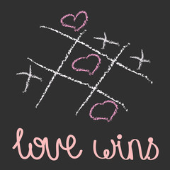 Love wins. Valentine's day hand drawing greeting card, poster, design element. Tick-tack-toe game with heart. Isolated vector illustration.