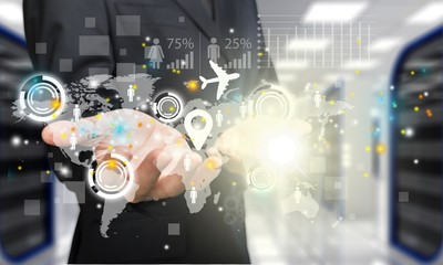 Businessman and analytics symbols on blurred background