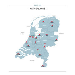 Netherlands vector map. Editable template with regions, cities, red pins and blue surface on white background.  - obrazy, fototapety, plakaty