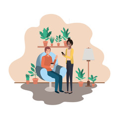 couple using smartphone in the livingroom