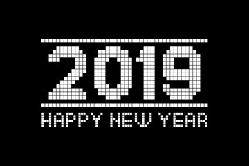 Black background and text 2019 happy new year. Pixel vector image. Texture.