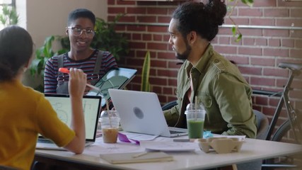 creative team of engineers using tablet computer designing bicycle prototype african american business woman presenting design on screen planning project sharing ideas in office meeting - Powered by Adobe