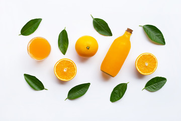 Orange with green leaves and Orange juice isolated on white background. Top view