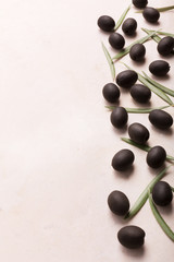 Olives and leaves on white background. Vertical orientation