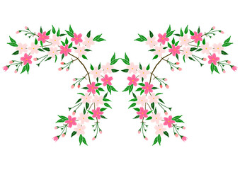 Embroidery stitches with sakura blossom tree. Vector fashion neckline ornament pattern on white background. Folk floral decoration for clothes, fabric design.