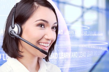 Woman Call Center operator on office background