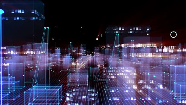 Abstract technological digital city from data in cyberspace, information storage in the information space. looped