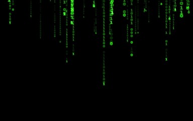 Background in a matrix style.Binary computer code on black background.Green digital code numbers in matrix style.Cyberpunk hacker abstraction backdrop.Random numbers falling on the black background.