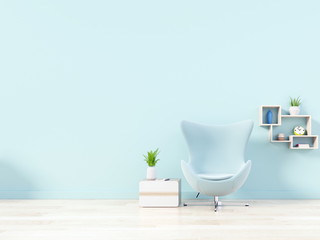 Modern living room with blue armchair have cabinet and wood shelves on wood flooring and blue wall ,3d rendering
