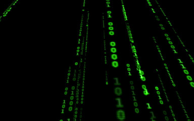 Background in a matrix style.Binary computer code on black background.Green digital code numbers in...