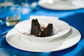 Desserts with fruits, biscuit mousse plated at a wedding.